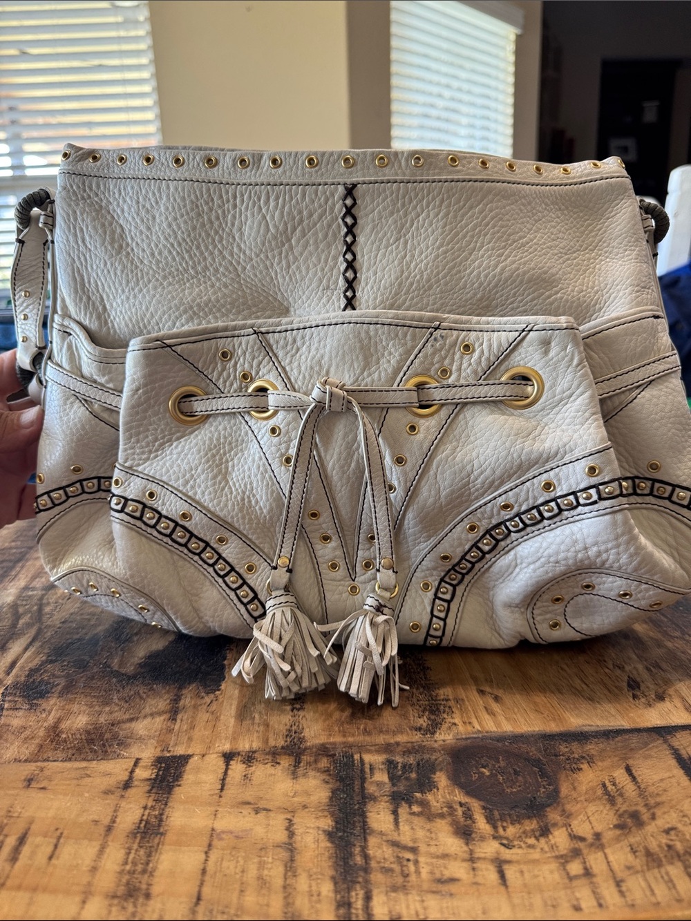 Cole Haan Ivory Leather Drawstring Shoulder Bag with Gold Hardware